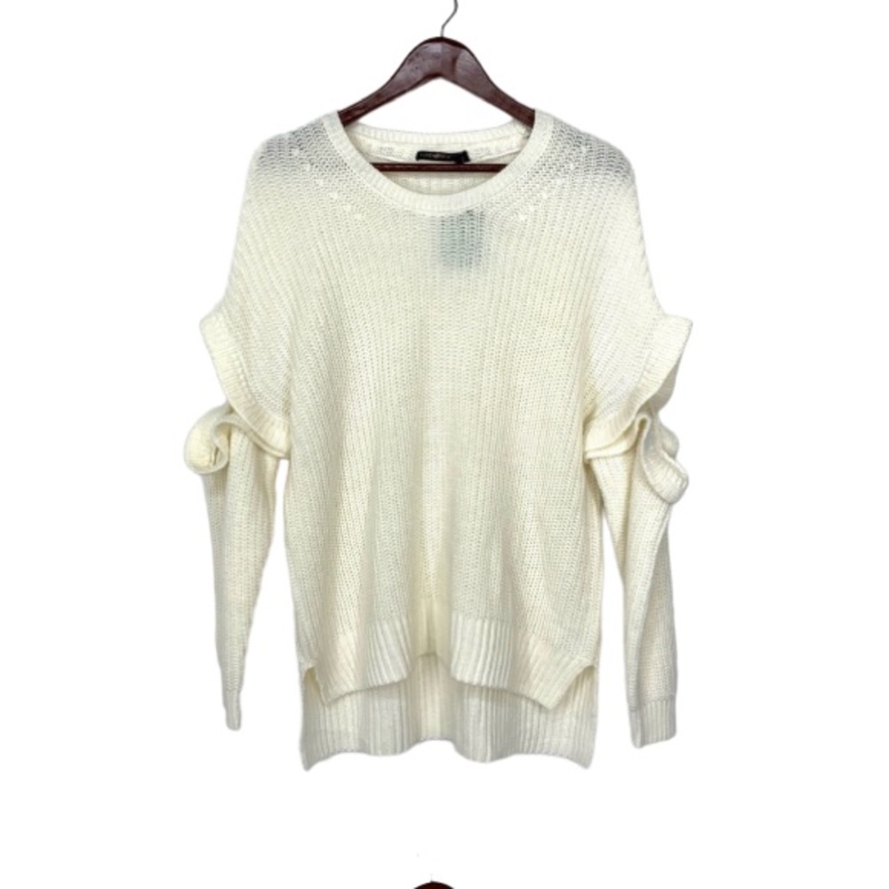 Love At First Sight Wide Knit Ruffle Cut Out Elbow Romantic Ivory Sweater Nwt